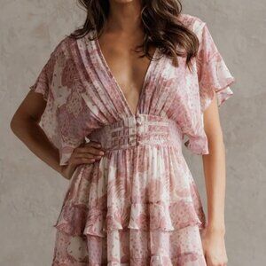 Olivaceous Pastel Floral Ruffle Mini Dress, Size Large